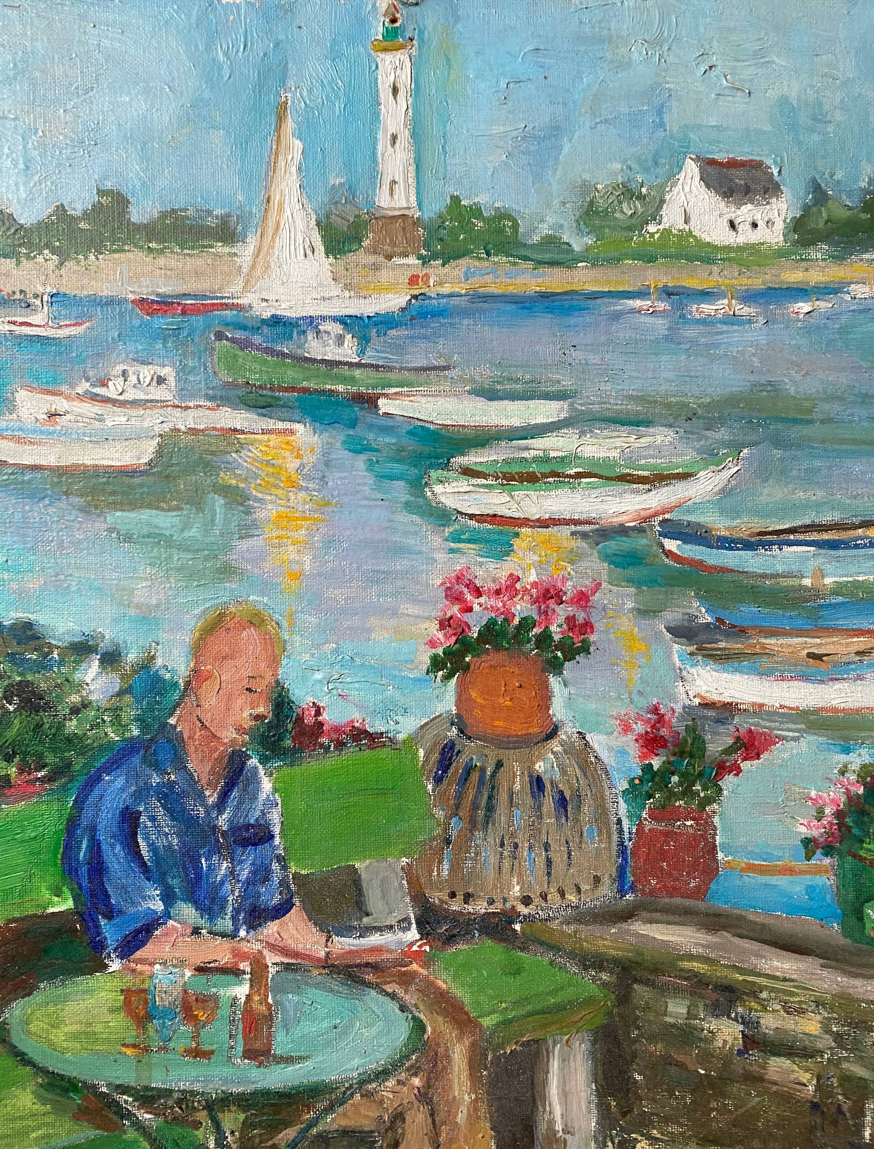 Animated marine painting "terrace by the sea" sailboats lighthouse hst/p