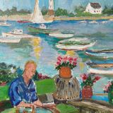 Animated marine painting "terrace by the sea" sailboats lighthouse hst/p