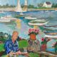 Animated marine painting "terrace by the sea" sailboats lighthouse hst/p