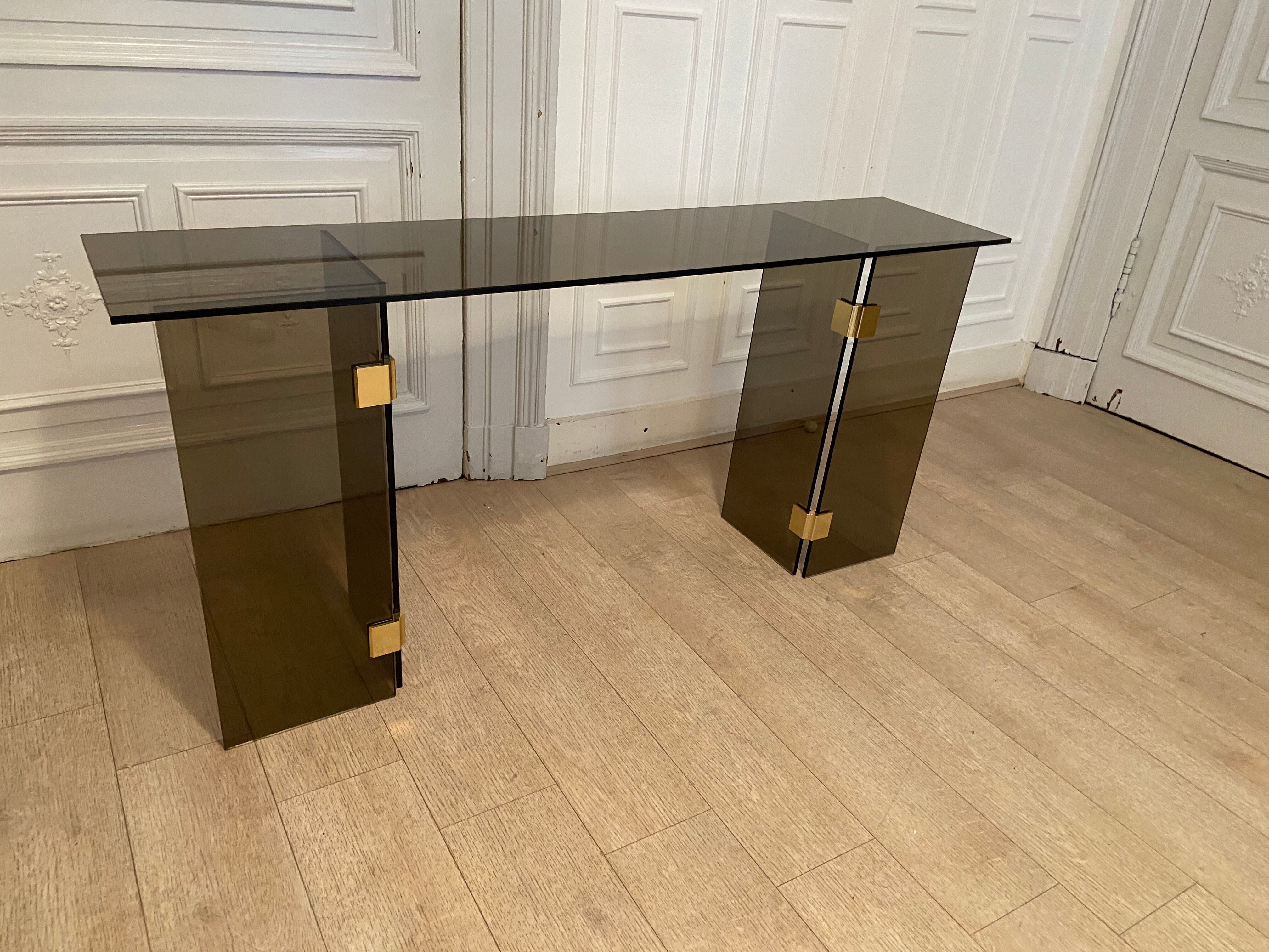 Console smoked glass and brass, 1970s