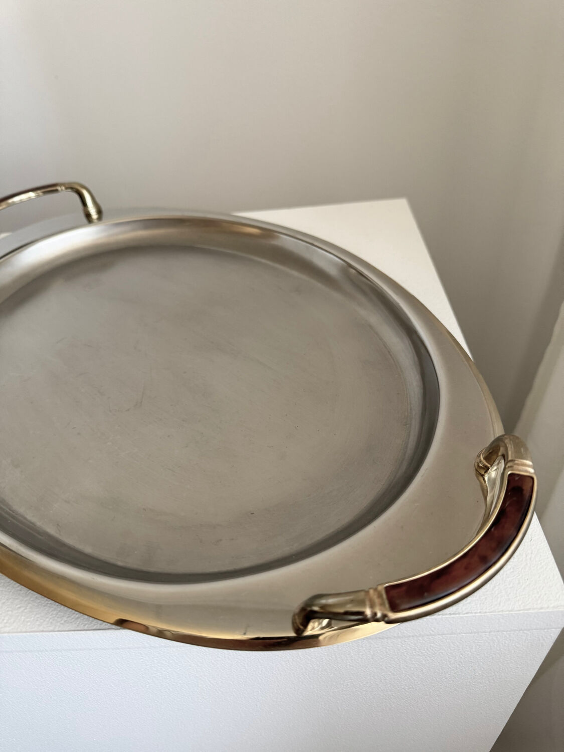 Vintage Stainless Steel Serving Tray With Gold Plated Handles