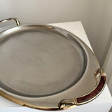 Vintage Stainless Steel Serving Tray With Gold Plated Handles