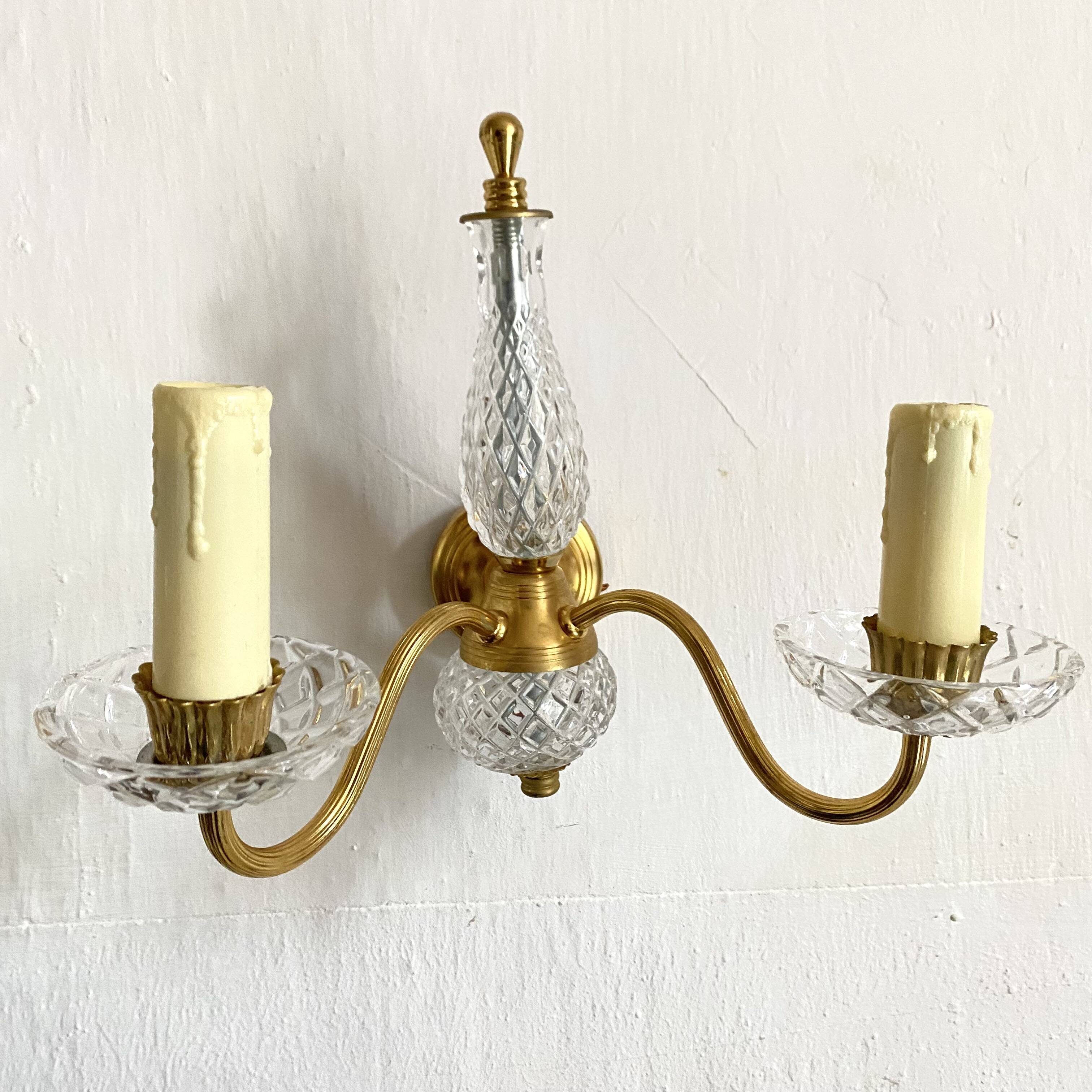 Pair of double glass and metal wall lights, 1960s