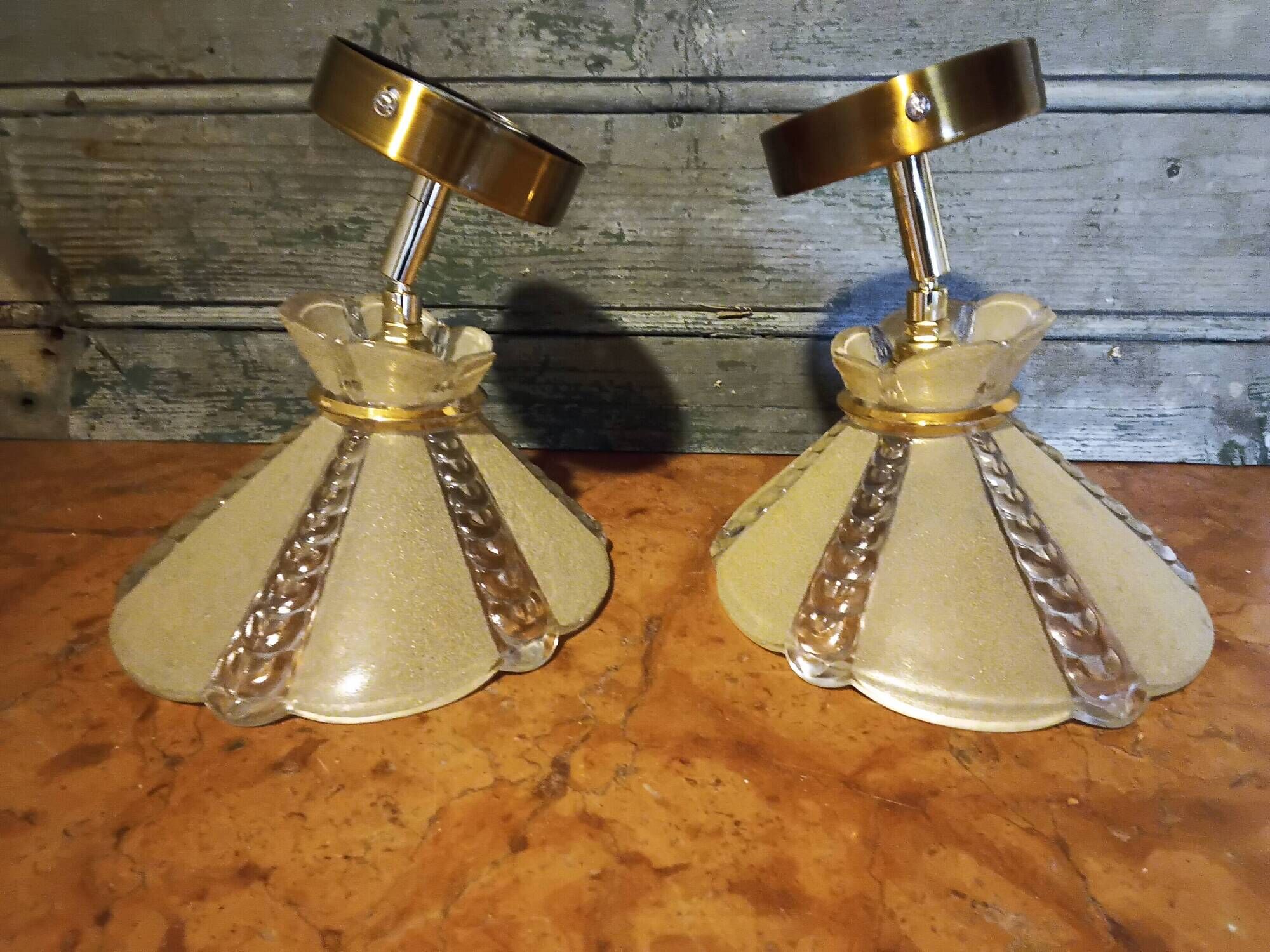 Pair of vintage wall lights in pale yellow granite glass