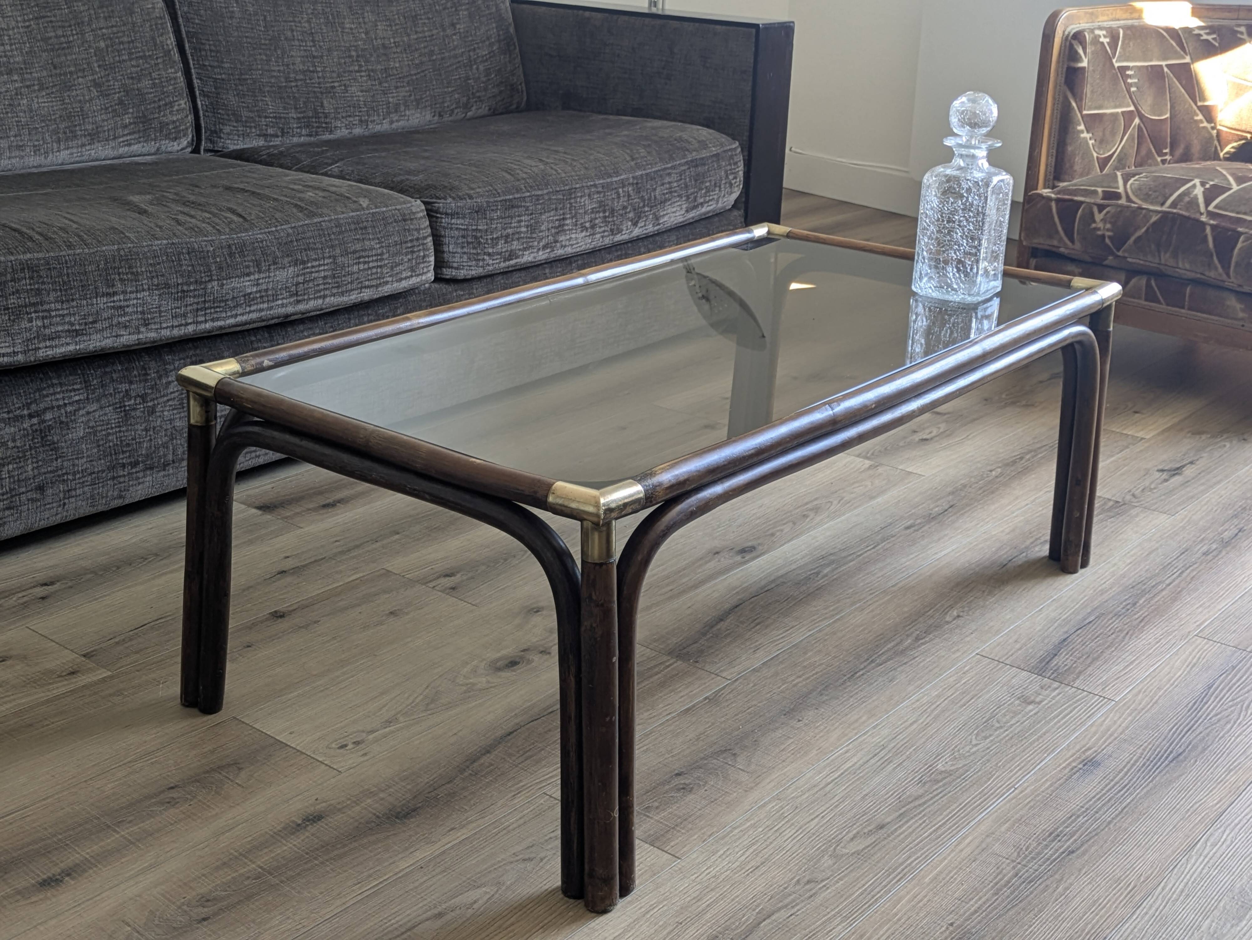 Bamboo coffee table with brass corners and smoked glass