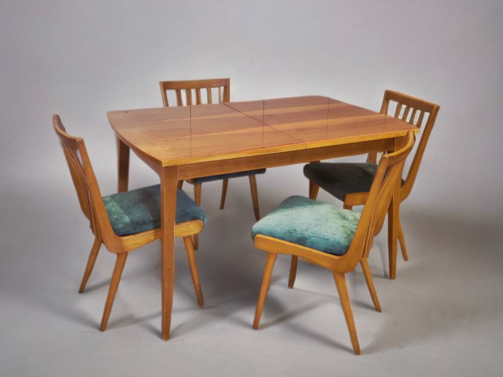 Dining room set, extendable table and 4 chairs, Czech vintage 19.