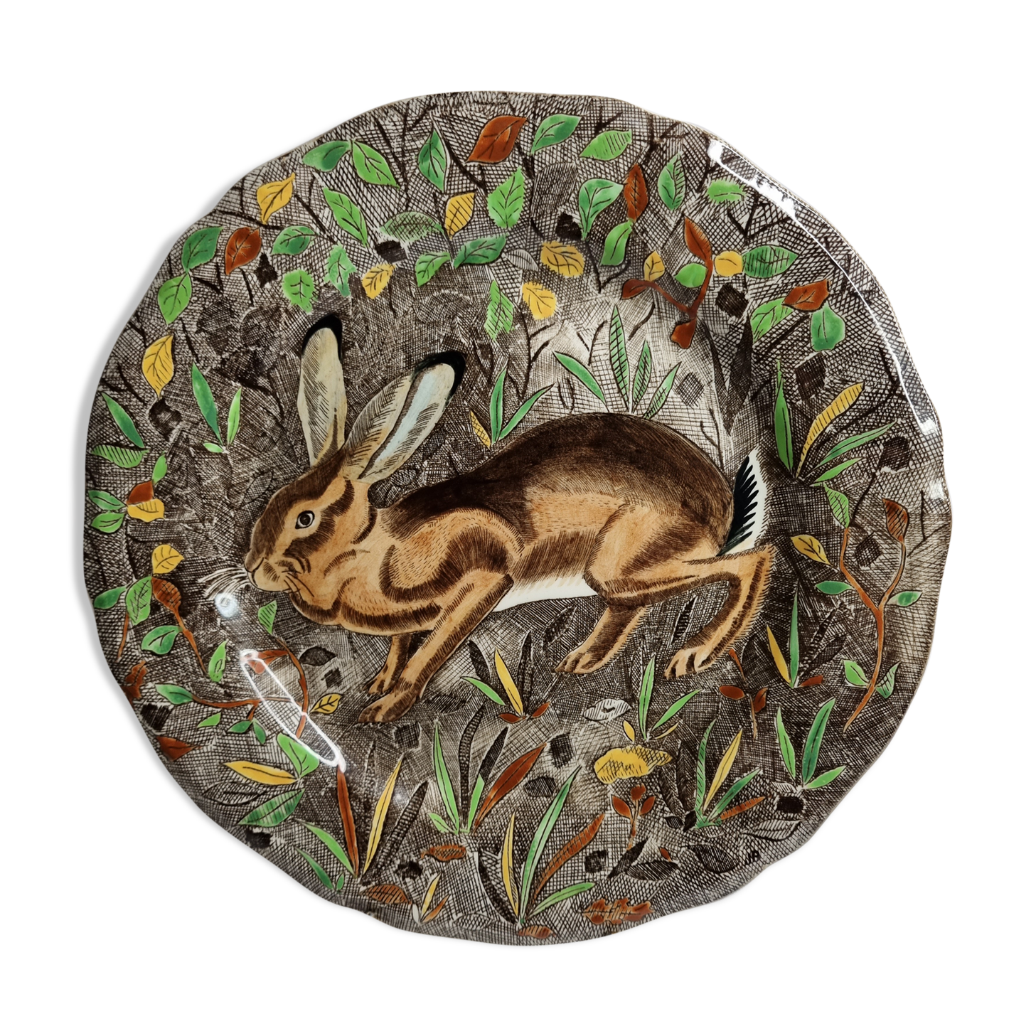 Plate in Gien earthenware, Rambouillet model, "hare" signed JB in the décor