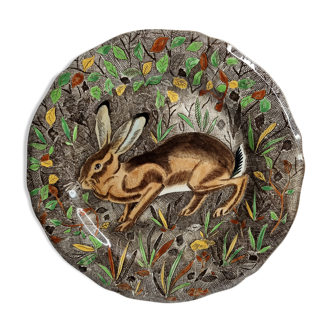 Plate in Gien earthenware, Rambouillet model, "hare" signed JB in the décor