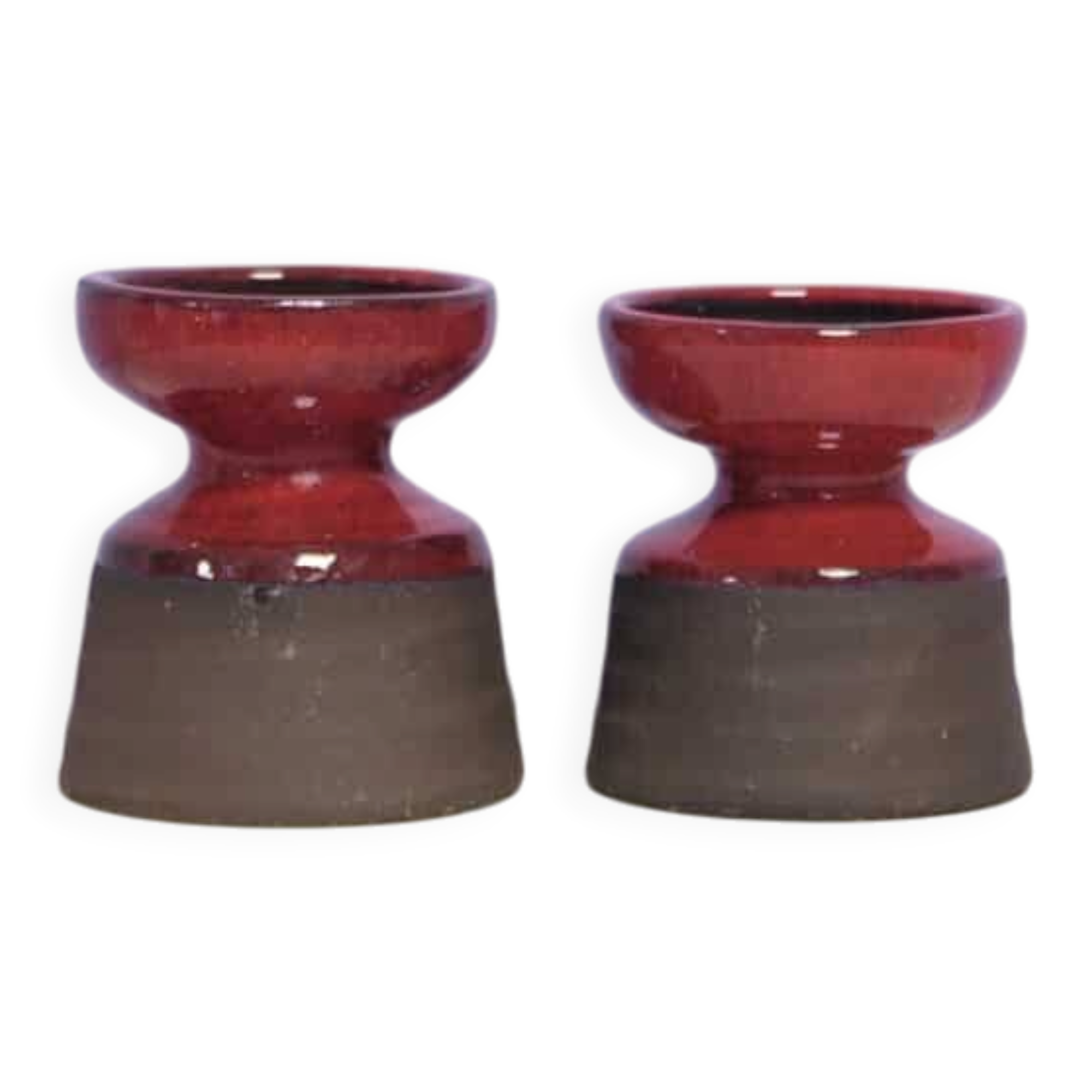 set x2 brown & red stoneware candlestick