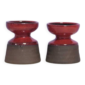 set x2 brown & red stoneware candlestick