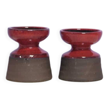 ensemble de 2 bougeoirs en grès marron et rouge