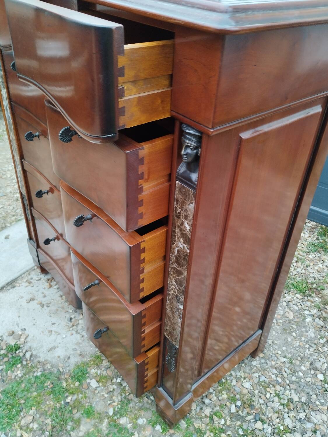 Antique weekly chest of drawers, Louis XVI style marble top