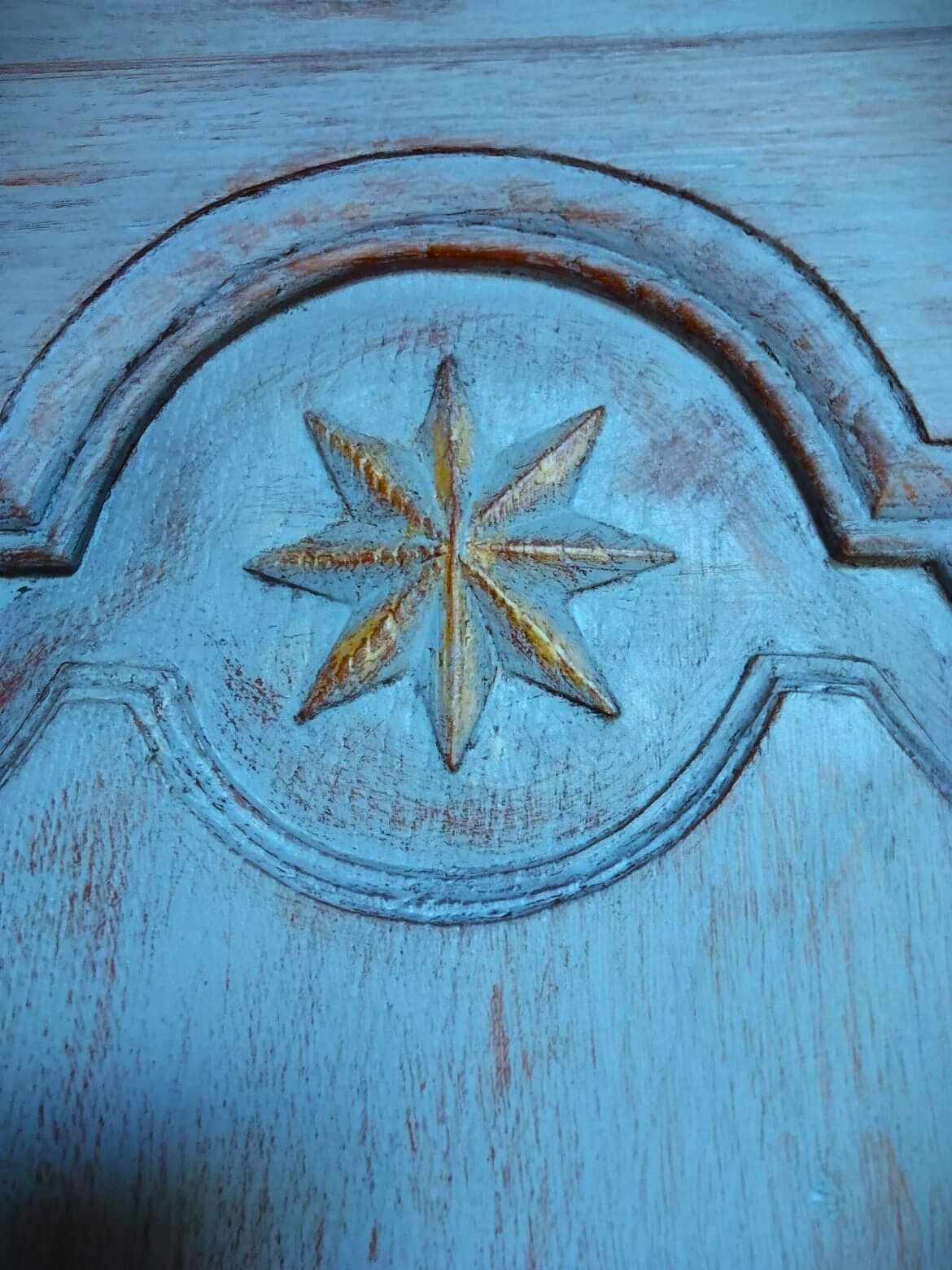 End 18th century wardrobe provençale all solid oak patinated blue by artisan cabinetmaker