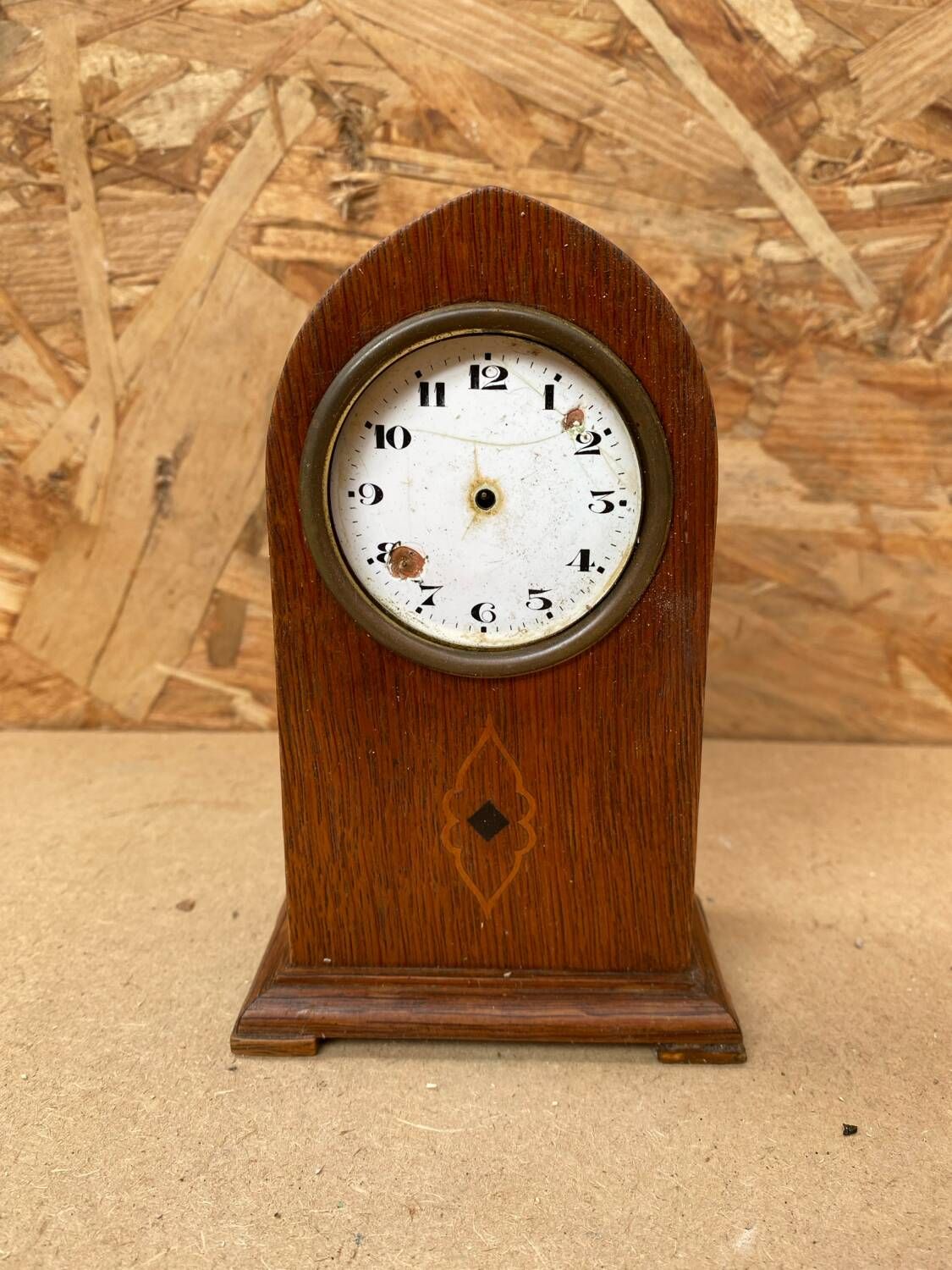 Antique mantel clock arched marquetry mahogany wood vintage
