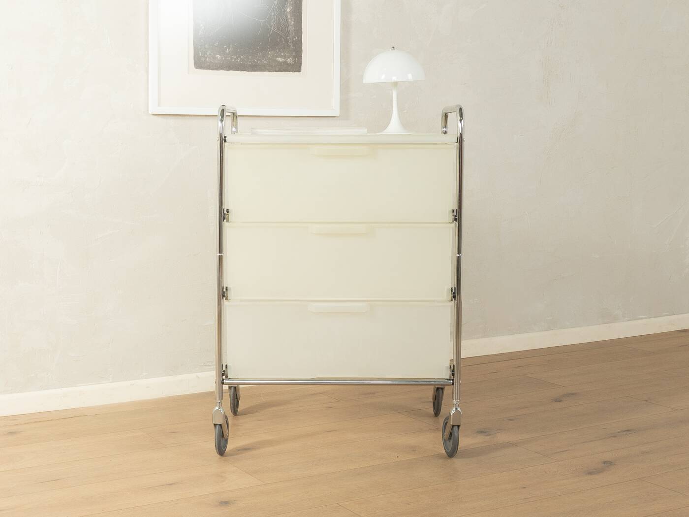 Functional rolling container with chrome frame and transparent drawers, 1980s