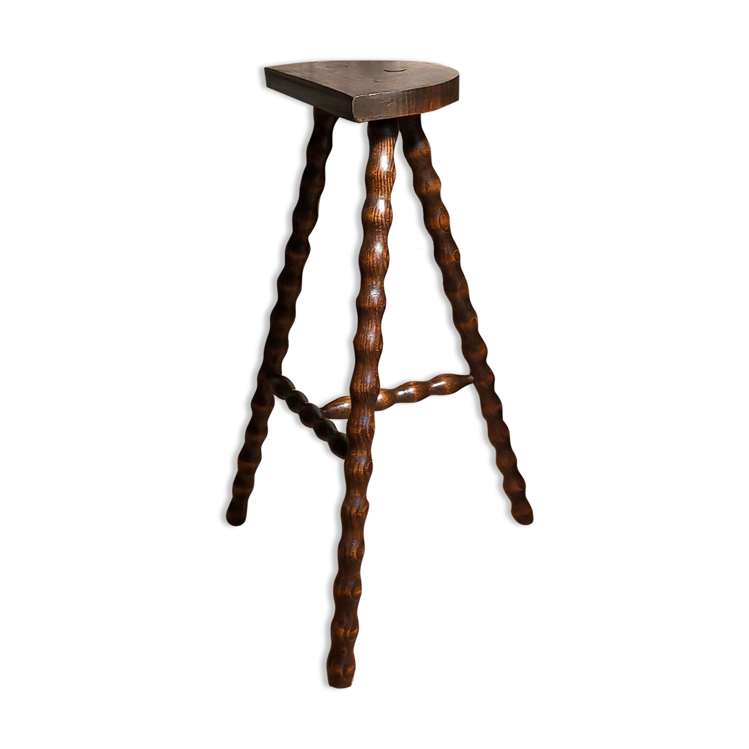 Stool high tripod solid wood turned vintage
