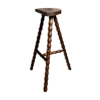 Tabouret haut tripode bois massif tourné vintage