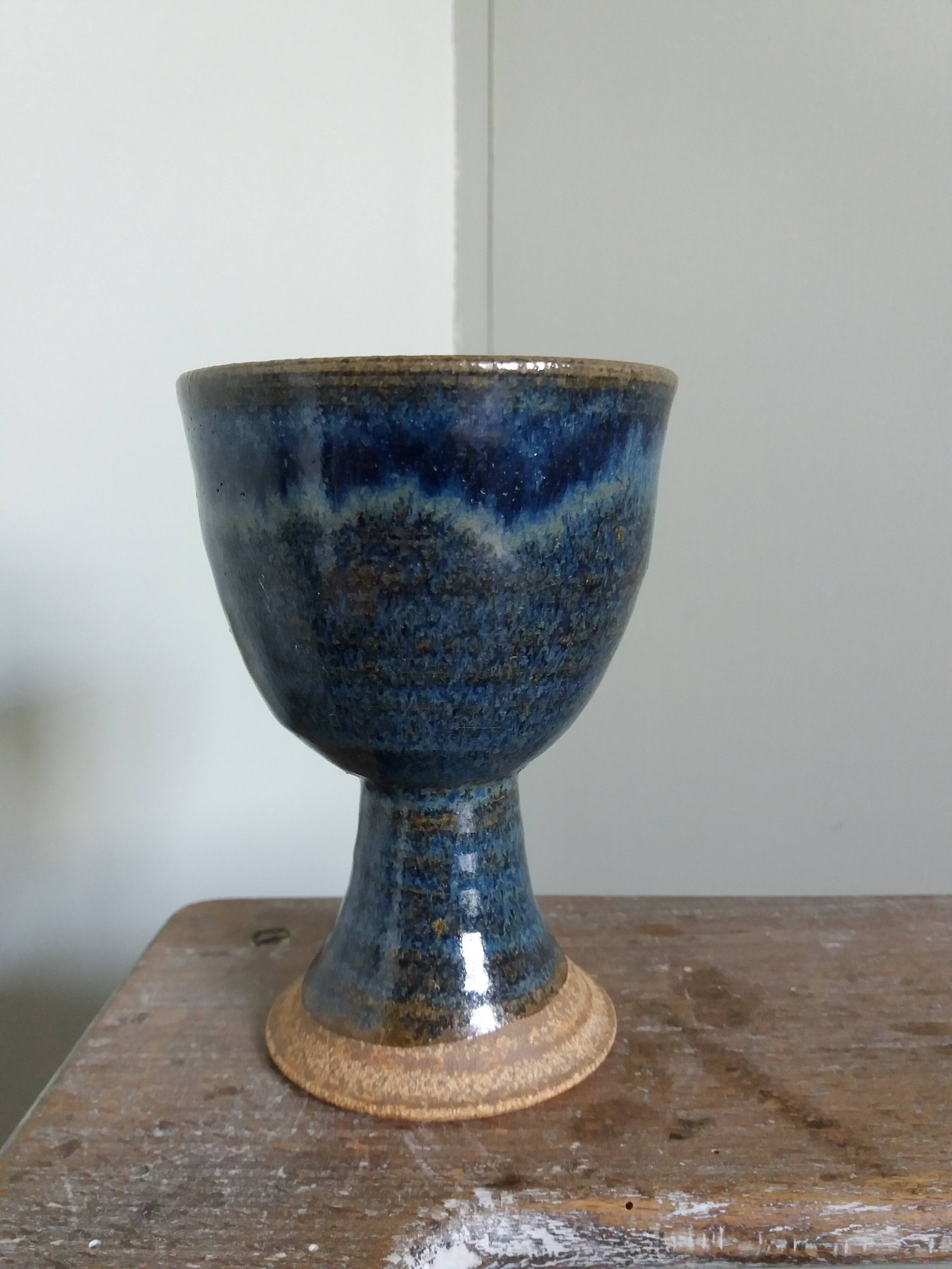 Chalice, cup in blue-glazed stoneware