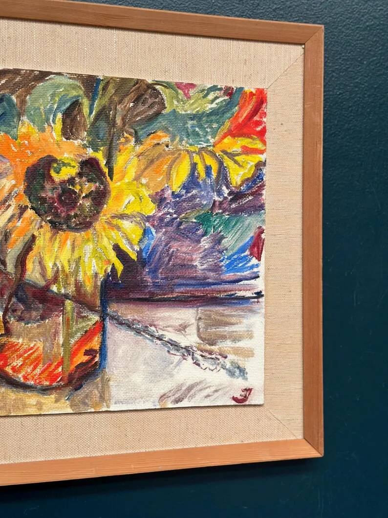 Original Swedish Oil on Panel – “Sunflowers” – Monogram Signed – Vintage & Framed