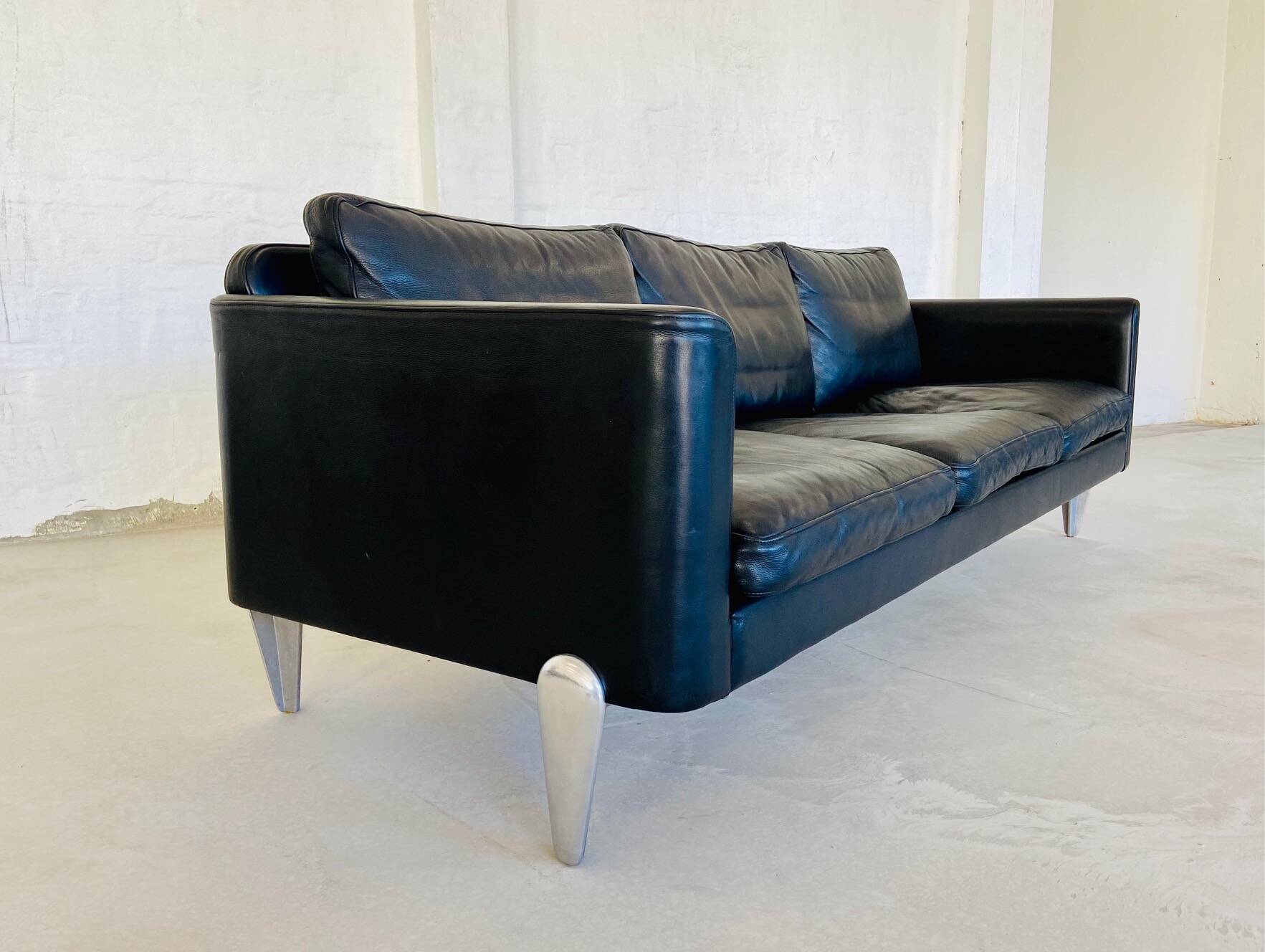 Vintage danish soren holst black leather 3 seater sofa with aluminium legs