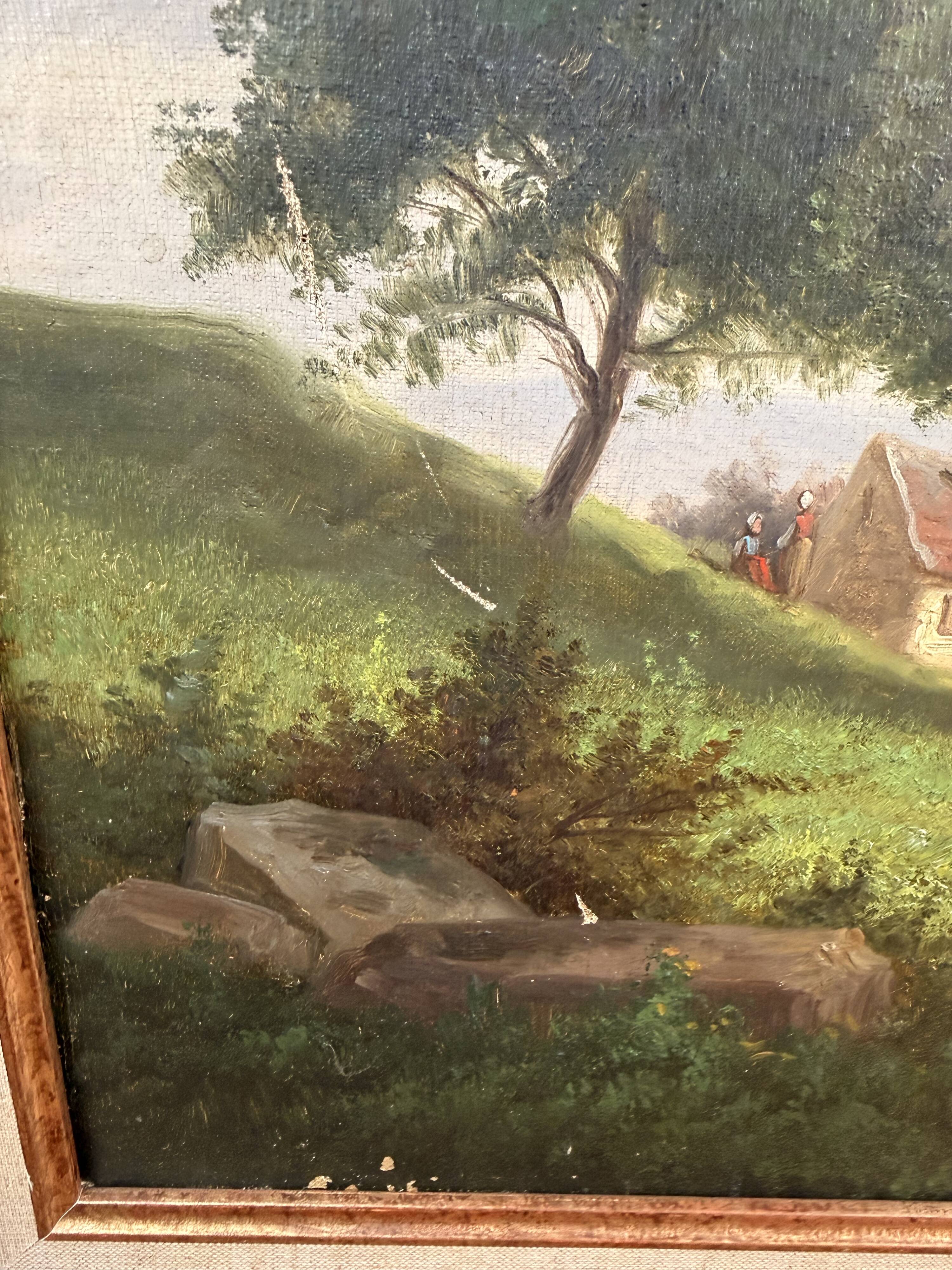 Oil on canvas landscape by the river – antique gilded frame