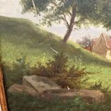 Oil on canvas landscape by the river – antique gilded frame