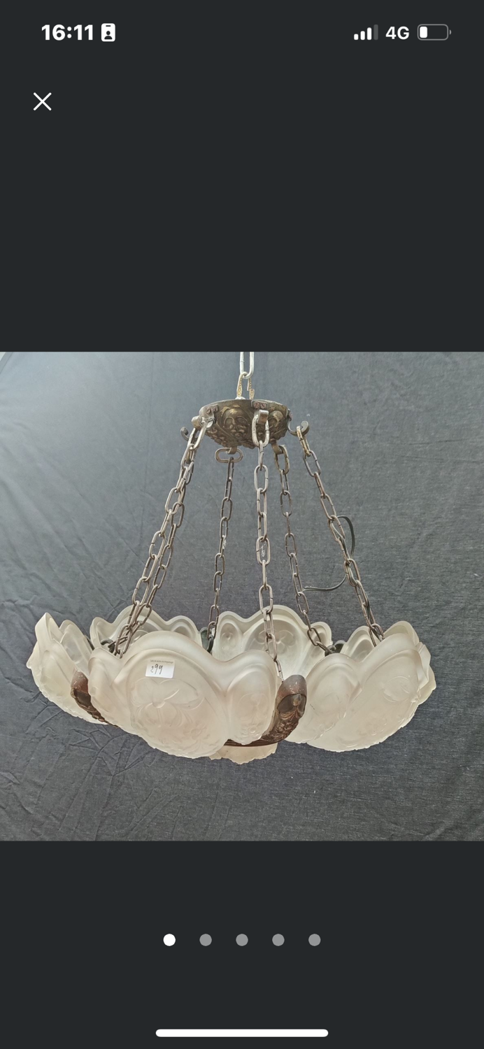 Art Deco chandelier 6 plates pressed glass bronze