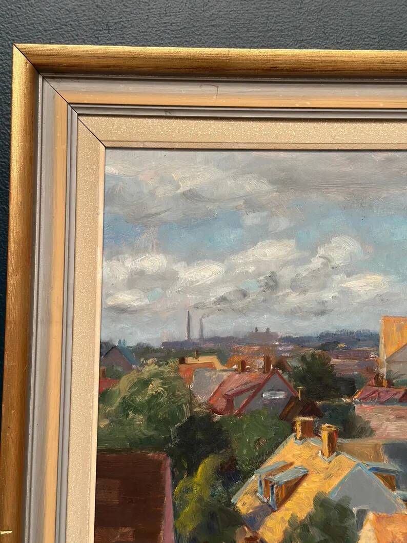 Large Original Swedish Oil on Panel – "Urban Landscape" by Wilhelm Matton – Signed – Dated 1947 – Framed – 83 × 73 cm (32.7 in × 28.7 in)