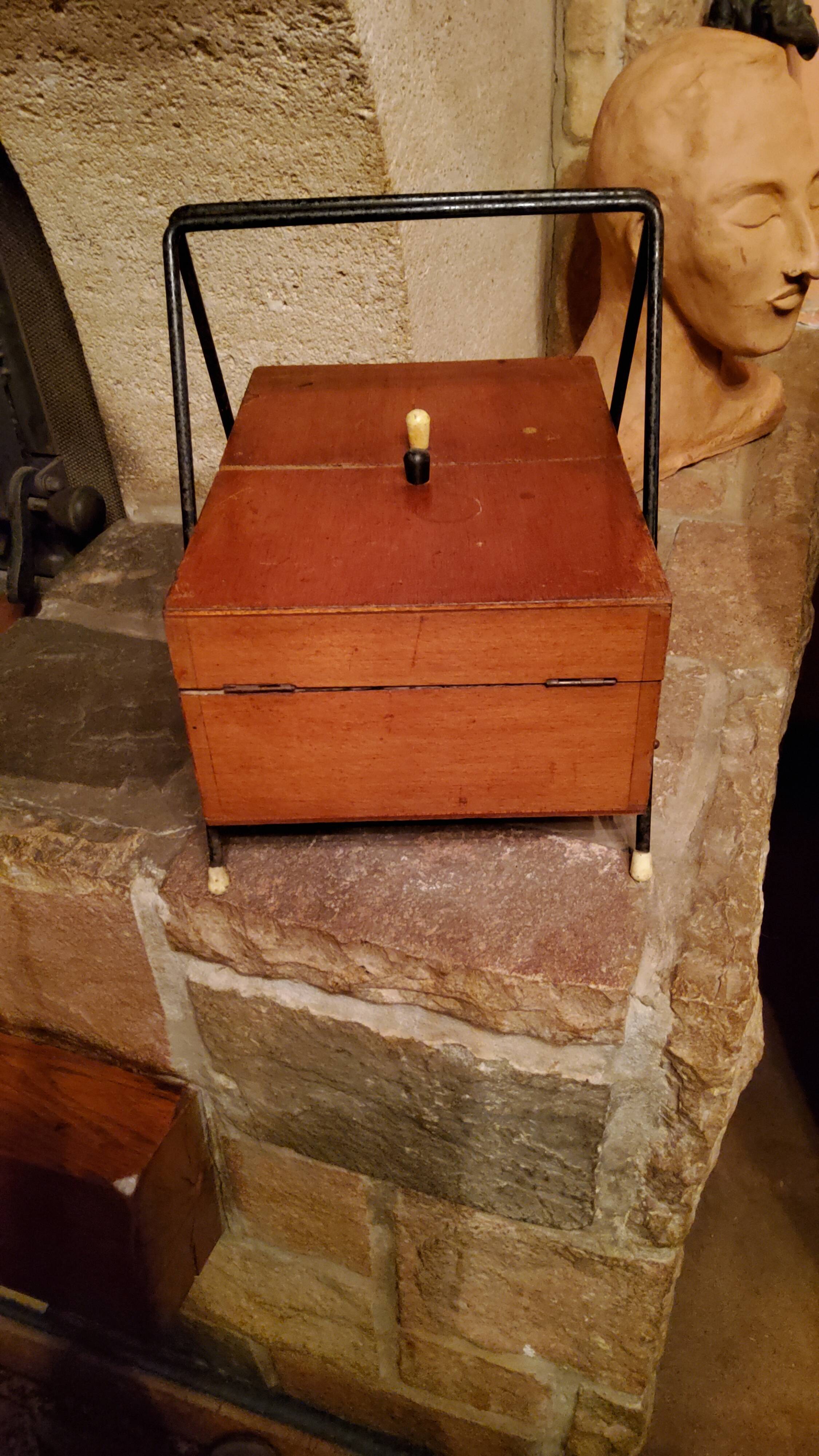 Sewing box from the 50s in wood and black metal