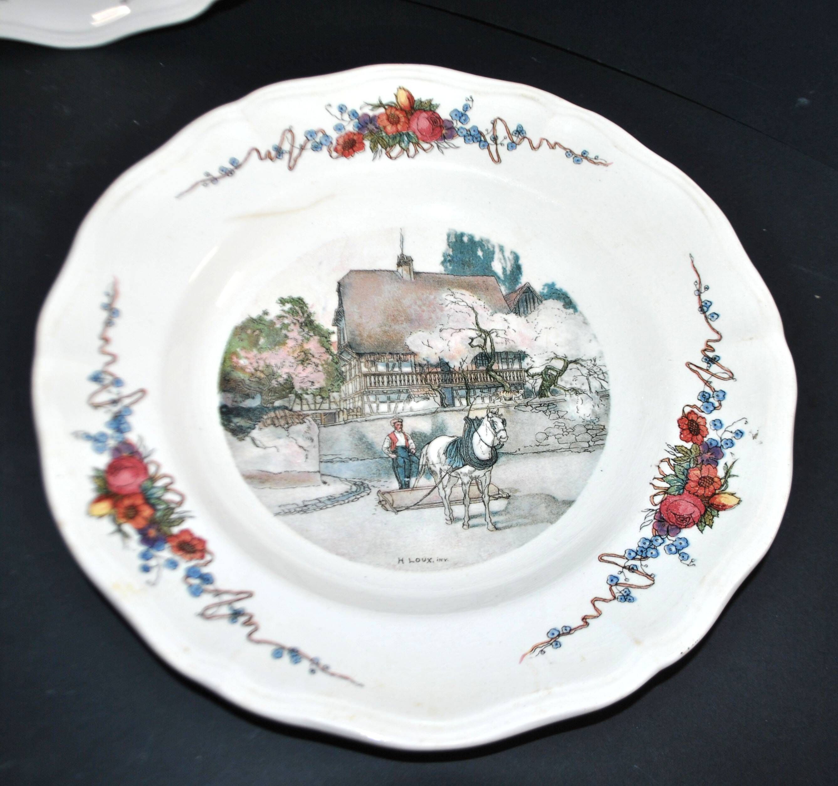 Sarreguemines set of 6 flat plates Obernai village Alsace by Loux