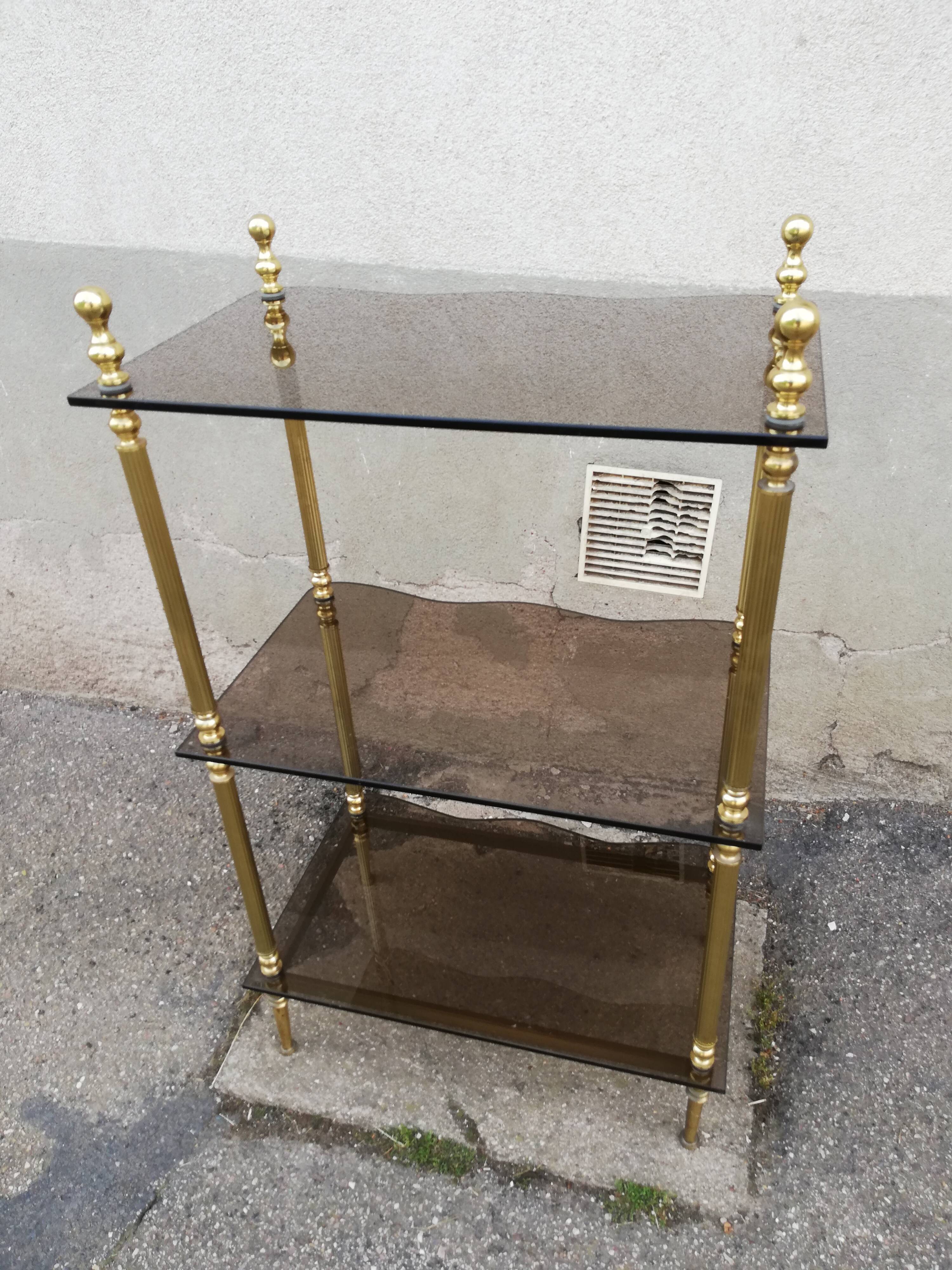 Shelf vintage brass 3 trays smoked glass