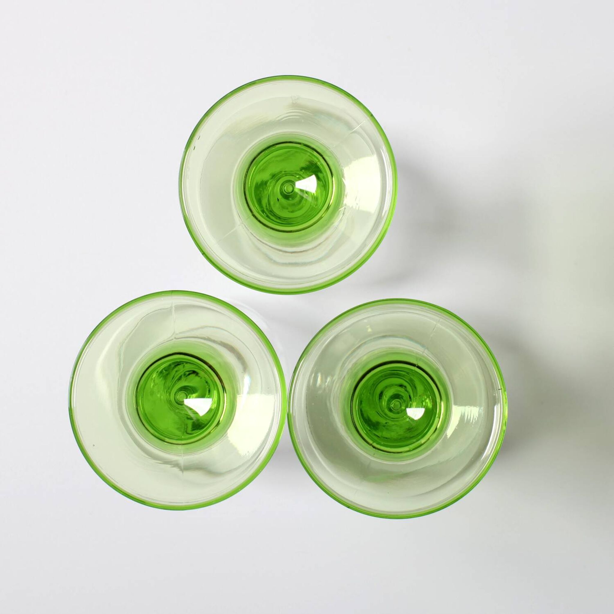 Set of 3 Vintage Limoncino Liqueur Glasses, Green Stem Shot Stemware / 1970