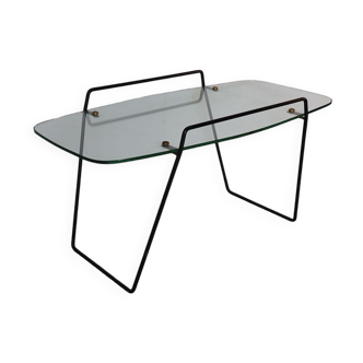 Vintage modernist coffee table in glass and black lacquered metal, 1950