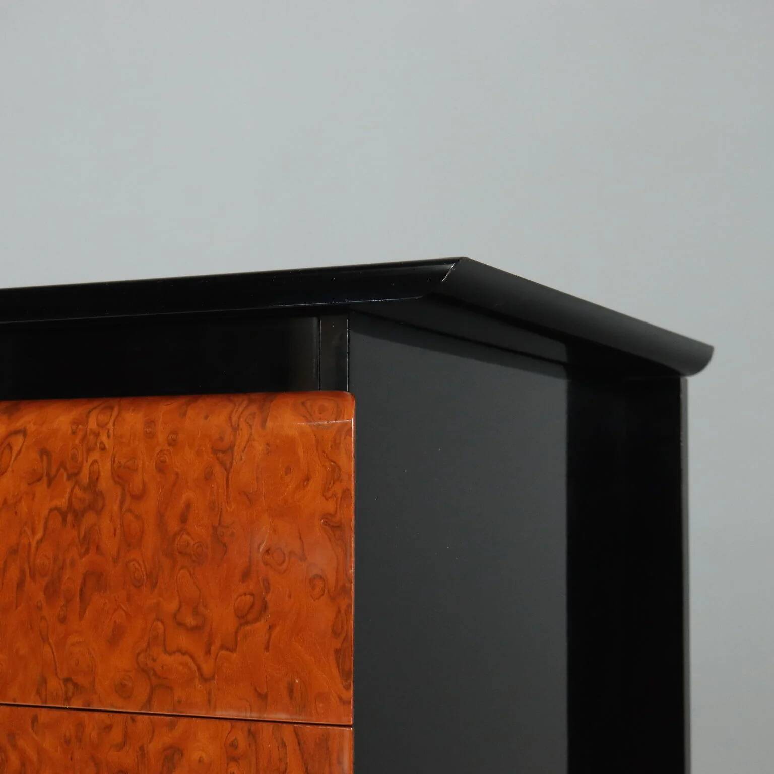 1980s lacquered wood and burl commode