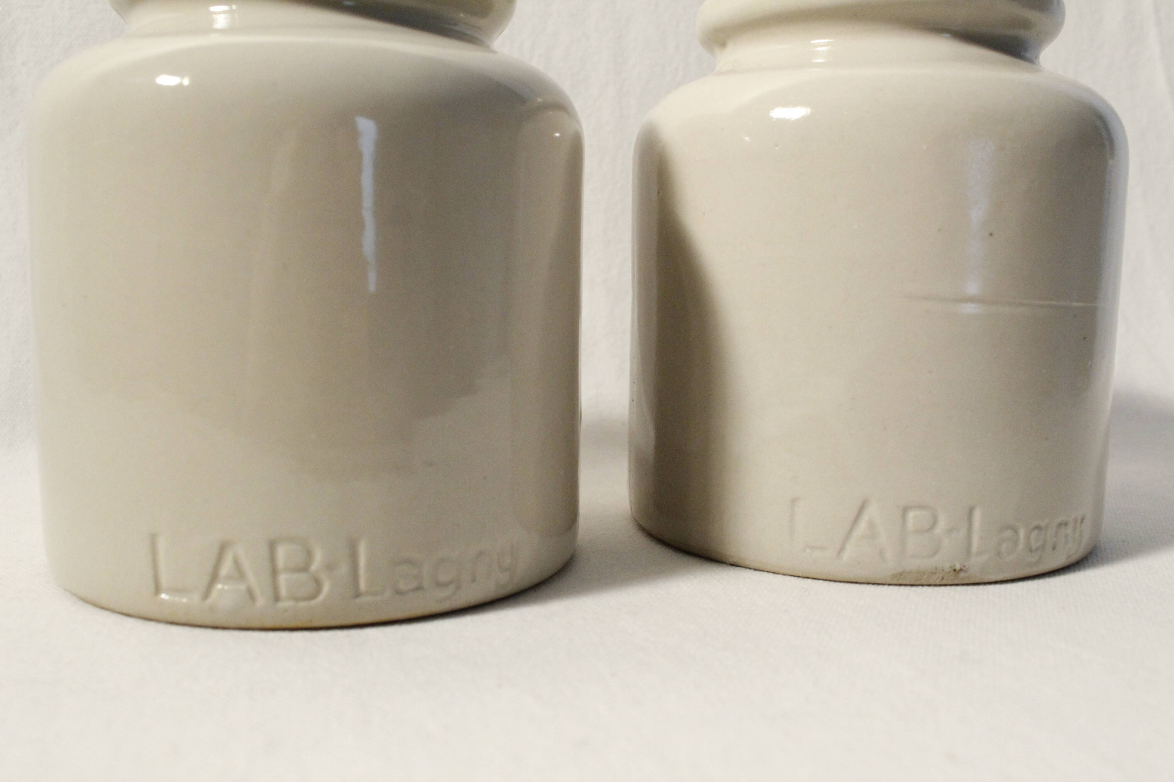 Vintage LAB-Lagny mustard pot in beige glazed stoneware (x2)