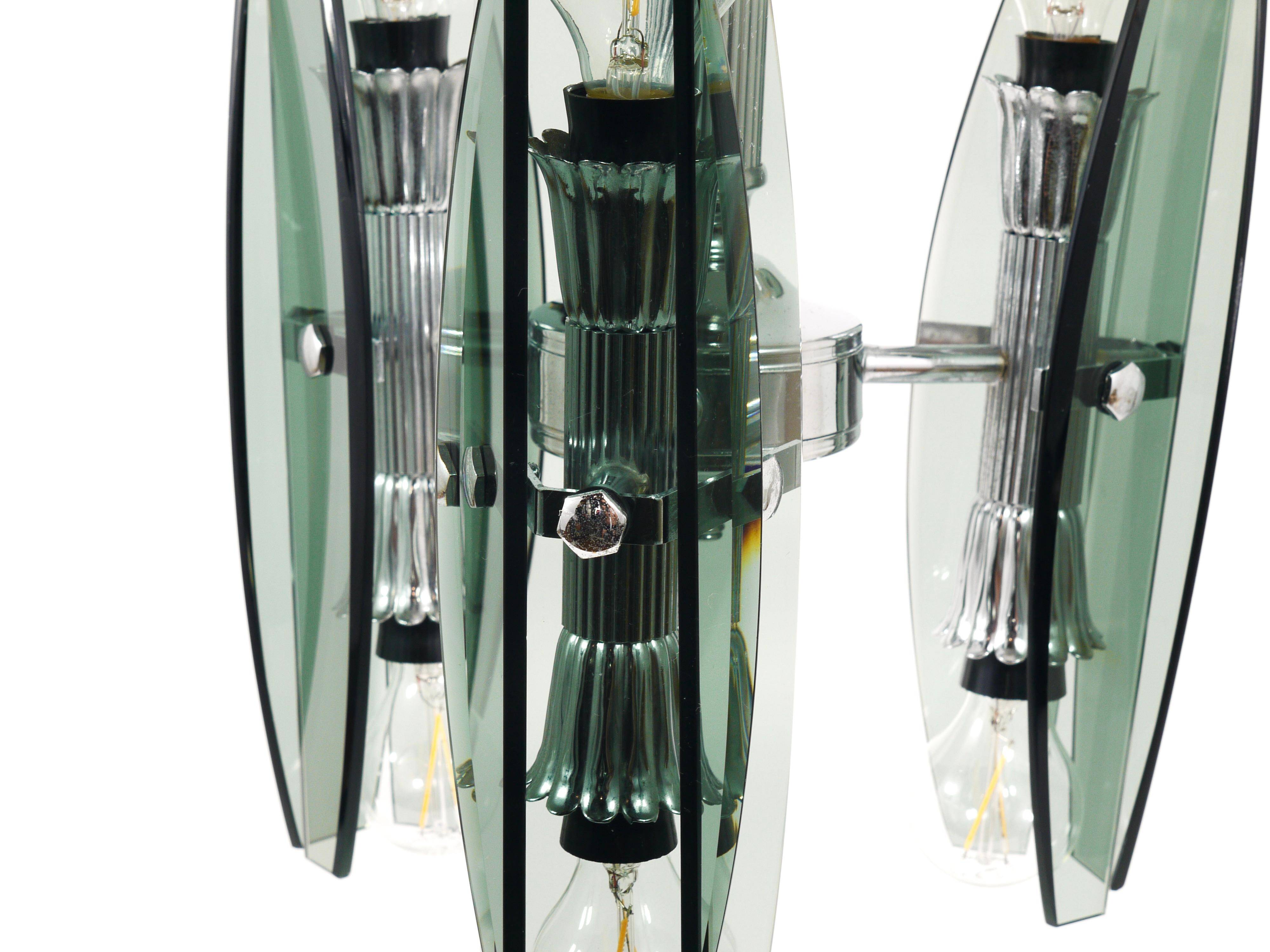 Glass and chrome suspension light in Fontana Arte style by Veca Murano, Italy.