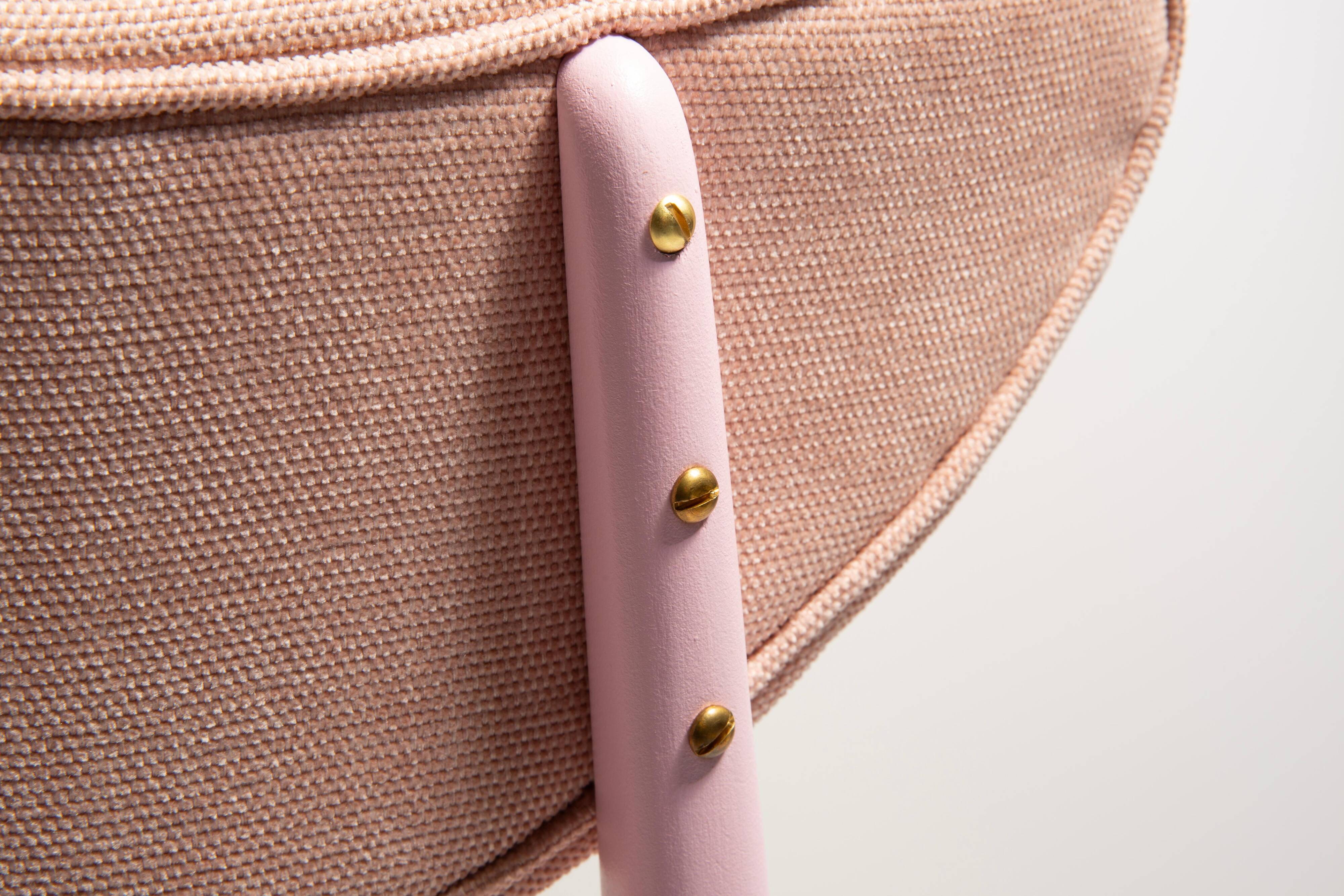 Mid-century heart-shaped chair, light pink chenille fabric, painted pink wood, Europe, 1960s.