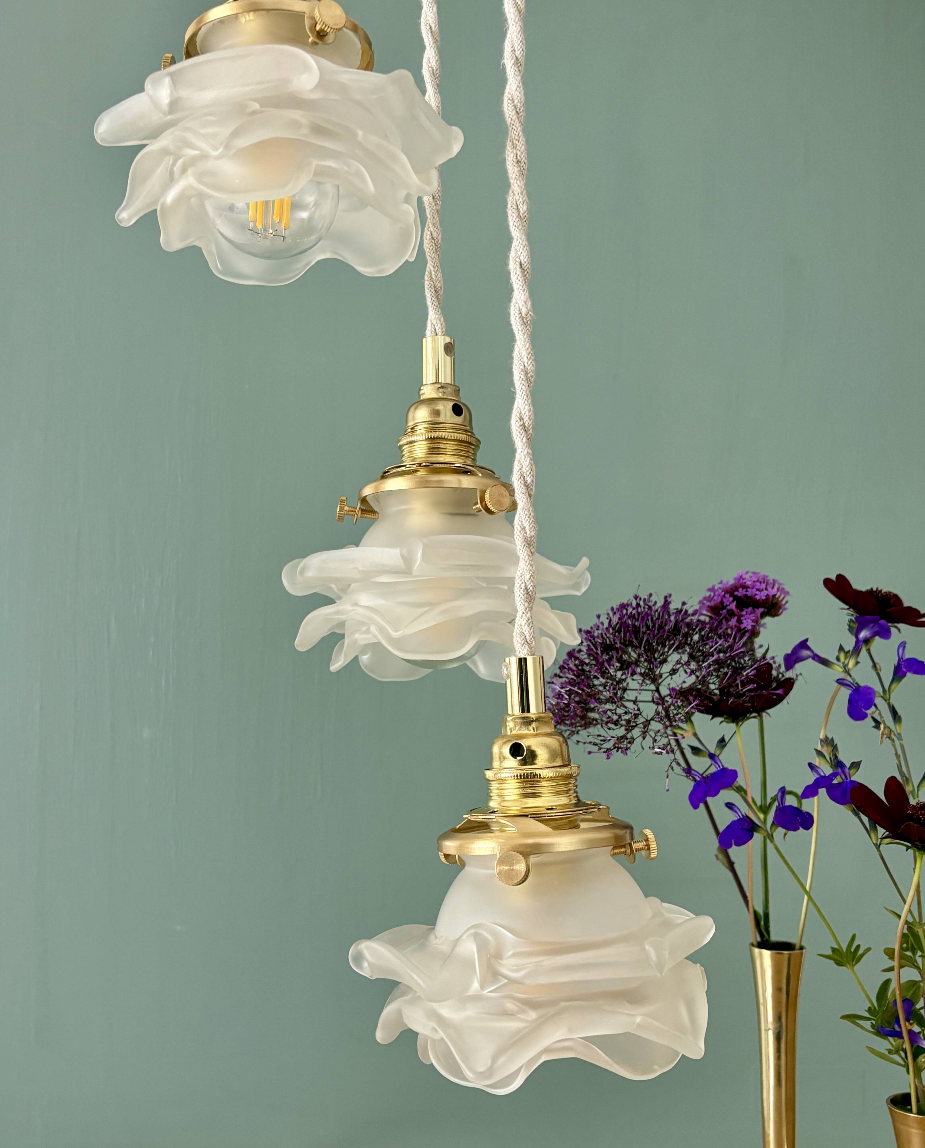 Vintage triple tulip pendant light in frosted glass in the shape of flowers