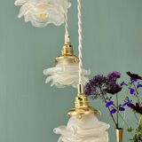 Vintage triple tulip pendant light in frosted glass in the shape of flowers