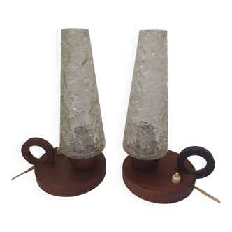 Pair of antique glass and wood table lamps