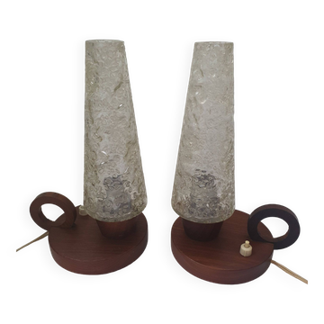 Paire de lampes de table anciennes verre et bois