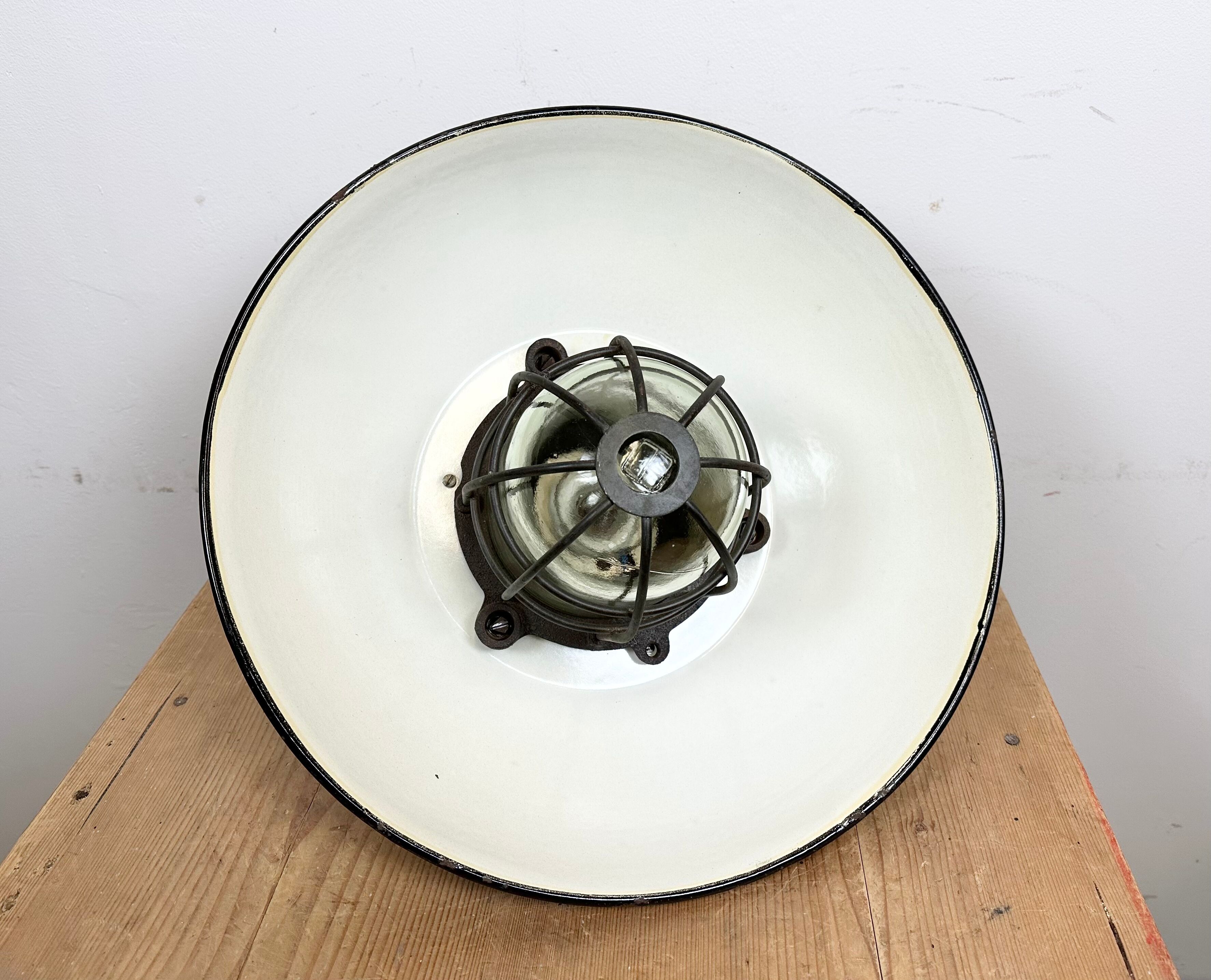 Black enamel and cast iron industrial cage pendant light, 1950s