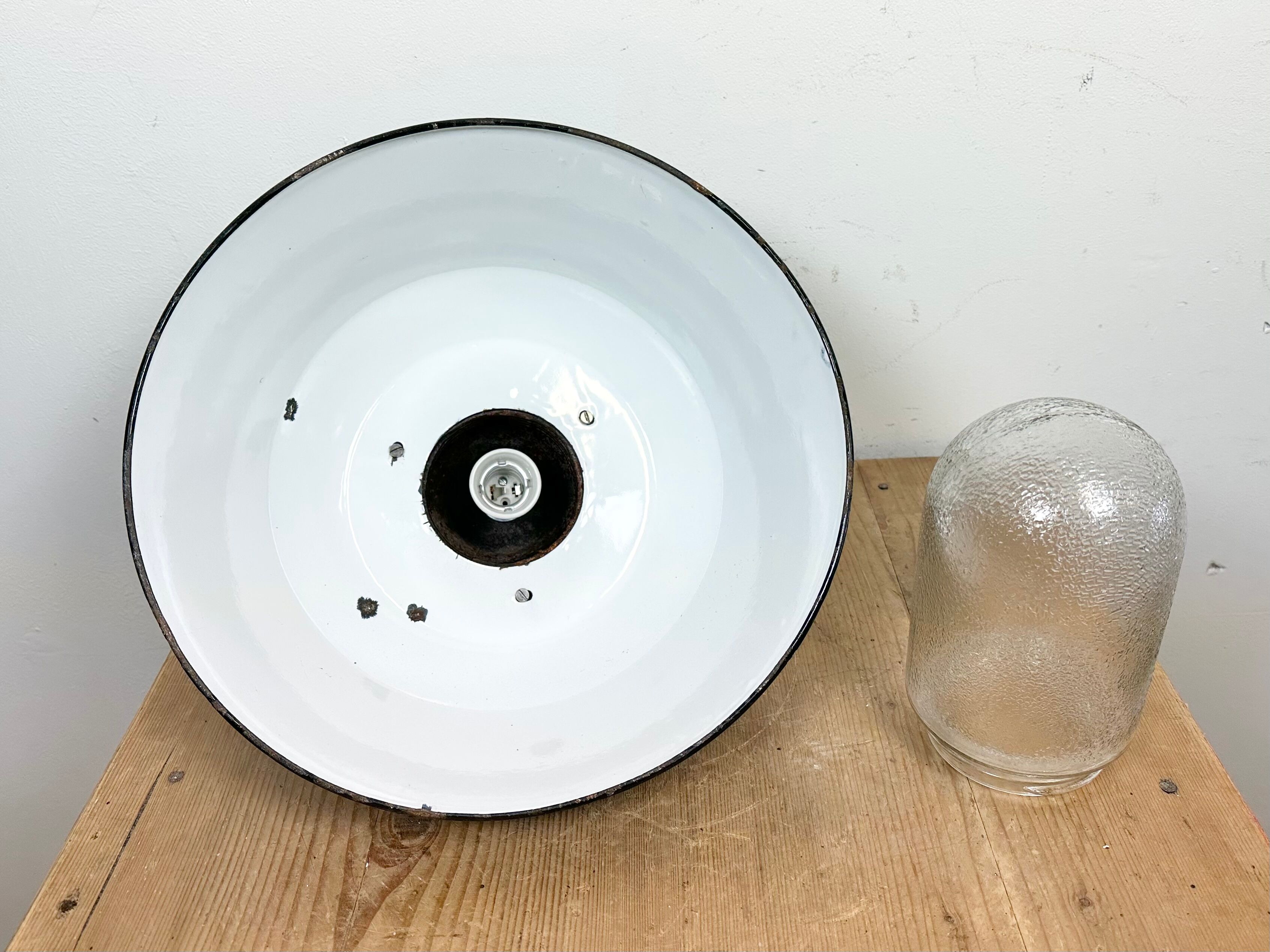 Industrial Blue Enamel and Cast Iron Pendant Light with Glass Cover, 1960s