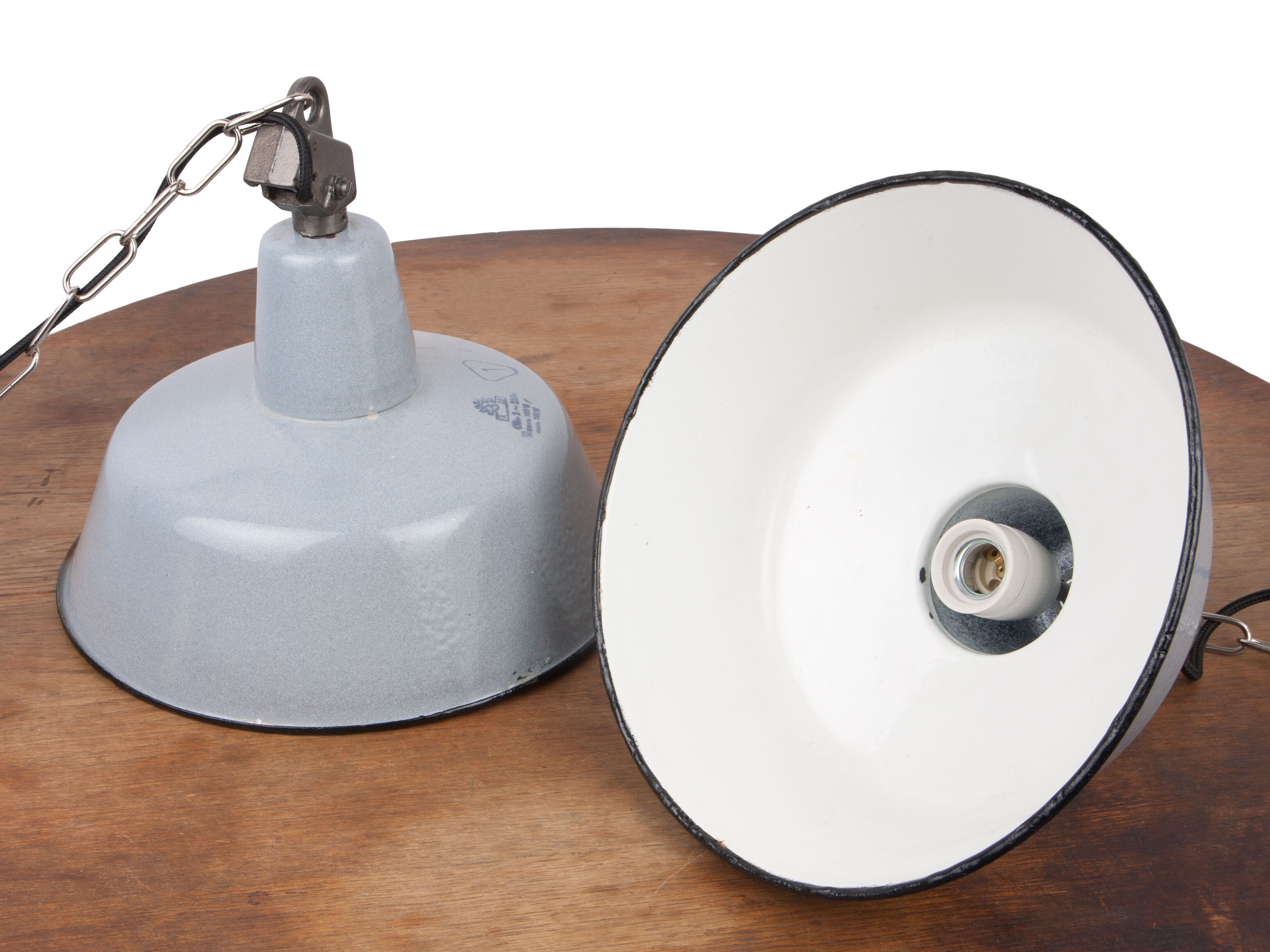 Grey industrial enamel lamp from Poland, 1960