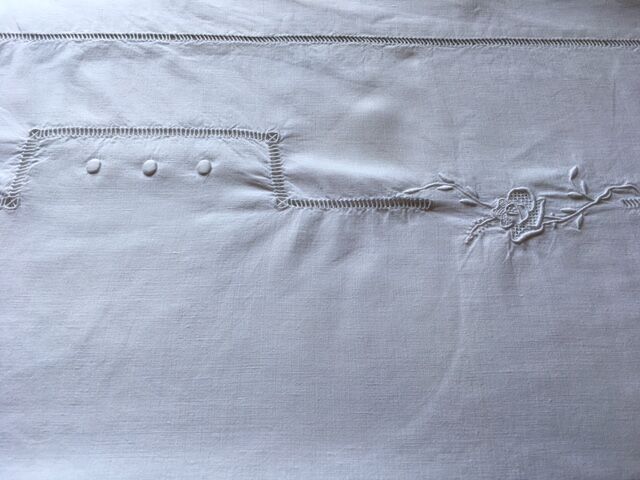 Antique linen sheet embroidered by hand and monogram t t 226 x 324
