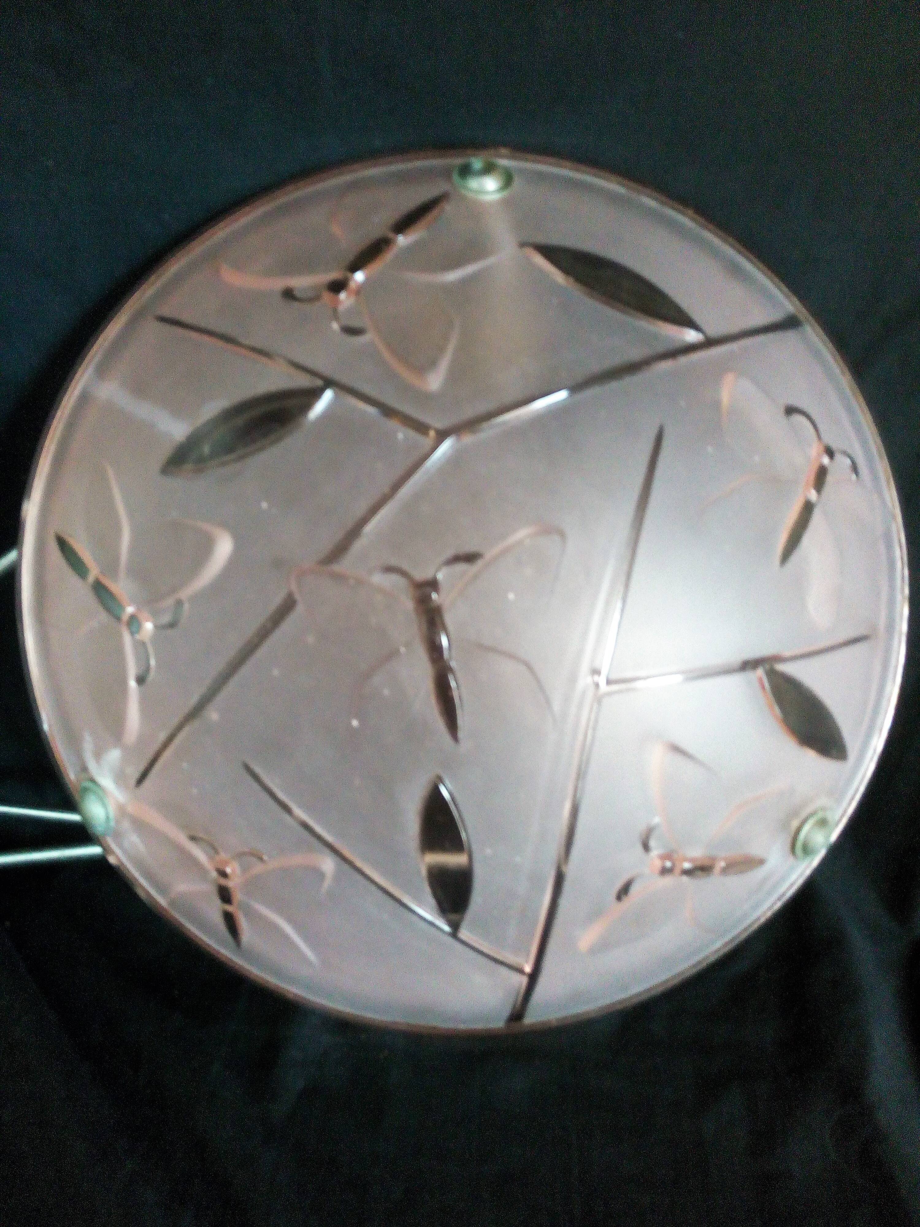 Art Deco pendant lamp in molded and pressed glass signed Degué, dragonfly motifs