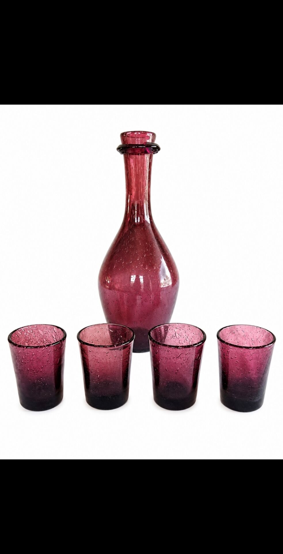 Service Verrerie de Biot, carafe et 4 verres en verre soufflé améthyste
