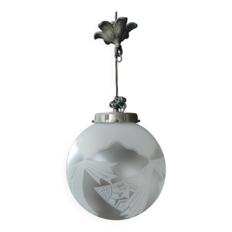 Art Deco globe pendant light in glass/engraved decor