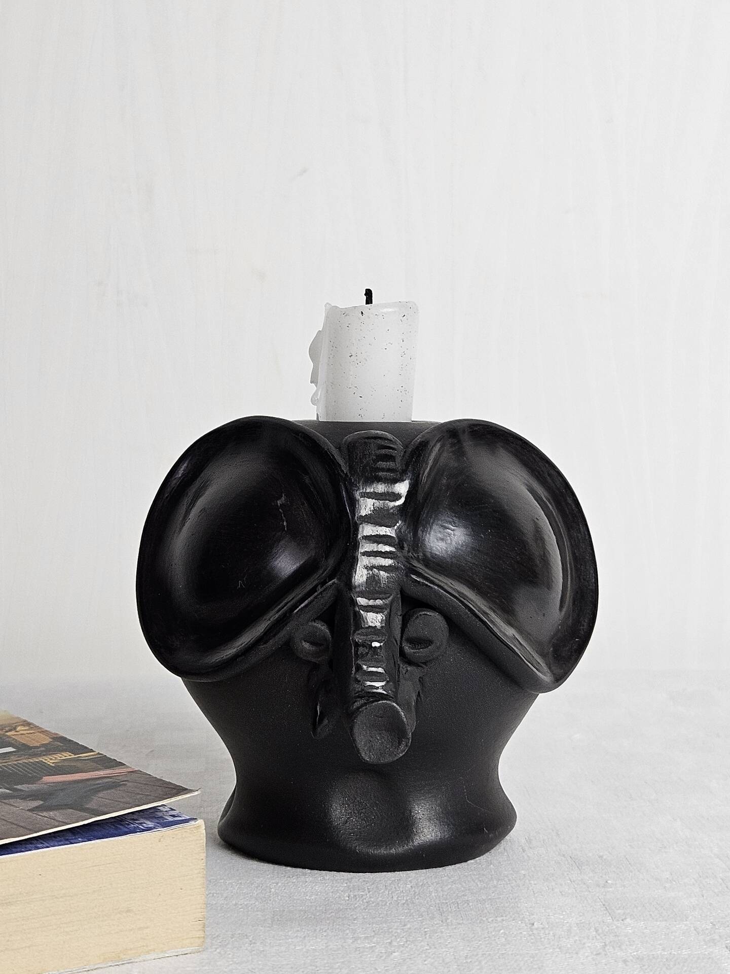 Stylised ceramic elephant candlestick signed vintage