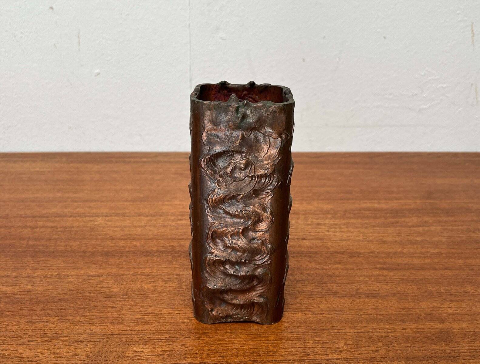 Brutalist metal block vase from the mid-century, 1960s.